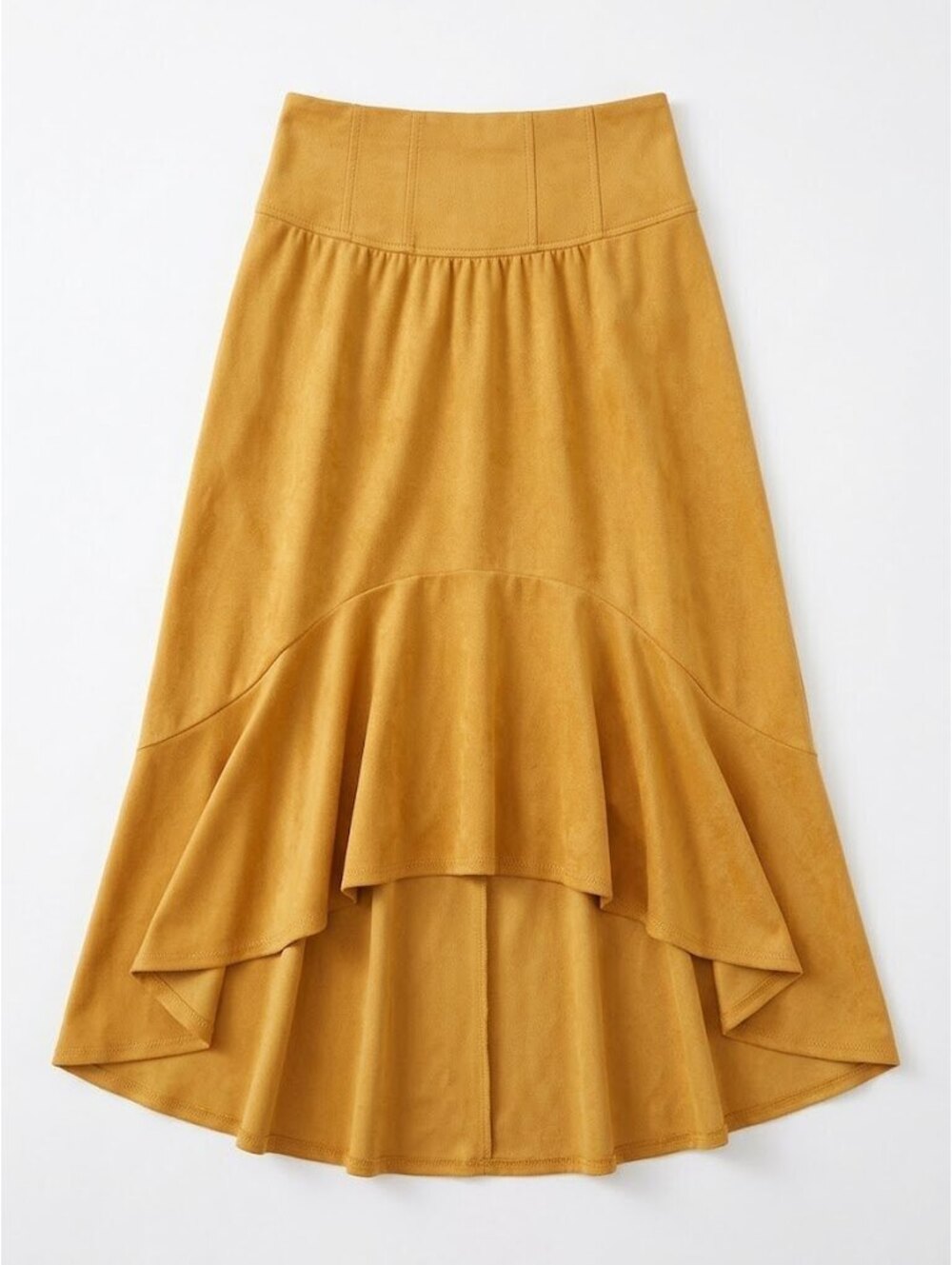 Maeve Anthropologie Mustard Faux Suede Ruffle High Low Midi Skirt Size 2